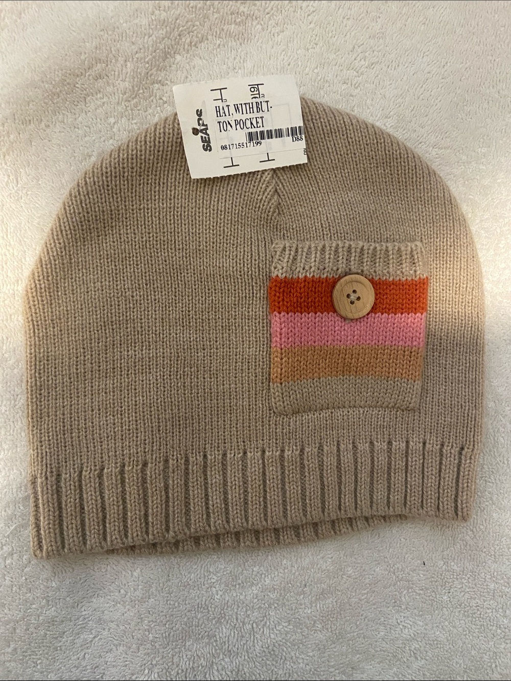 🌺Covington Beige Knit  Hat with Striped Pocket and Button